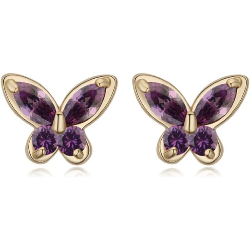 Women's Butterfly Zirconia Crystal Gold Plated Purple Earrings Jewellery
